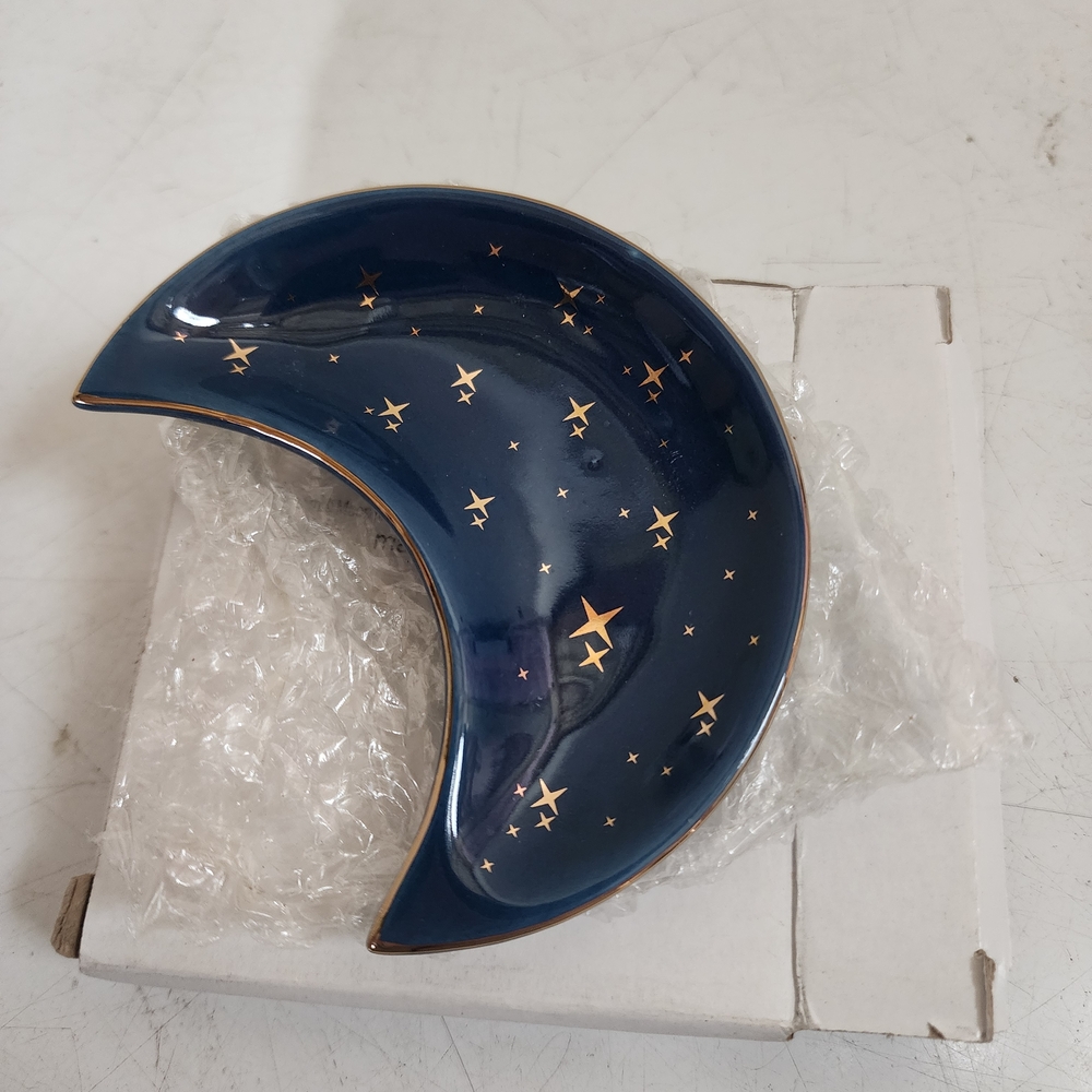 Navy Crescent Moon Trinket Dish with Gold Stars New